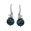 Black pearl drop earrings with diamond accents, sterling silver leverback