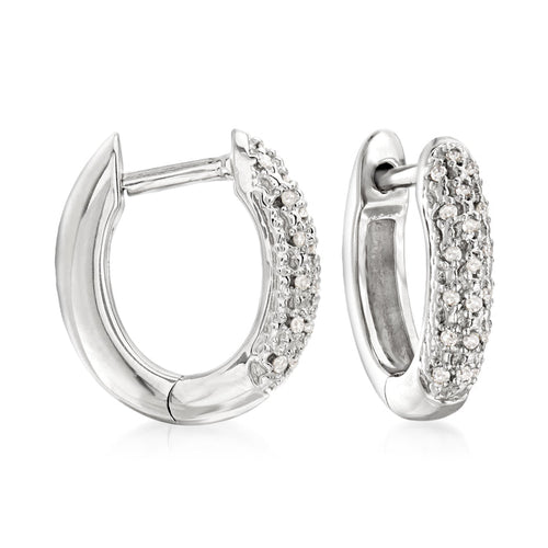 Diamond huggie hoop earrings with pavé diamond front and polished silver tone