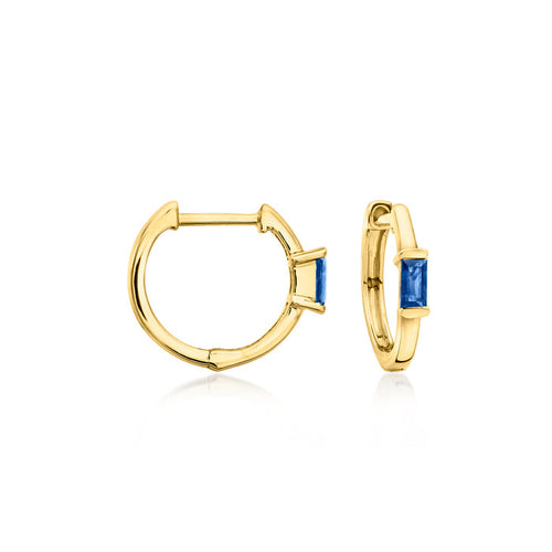 14kt yellow gold huggie hoops with blue sapphire stones