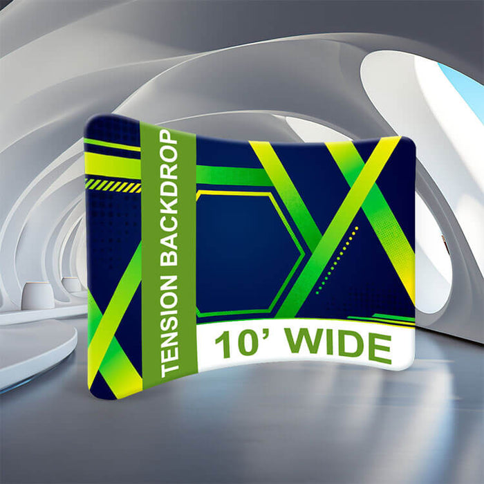 FramePlus 10x8ft curved backdrop, offering a larger, immersive visual experience for trade show branding.