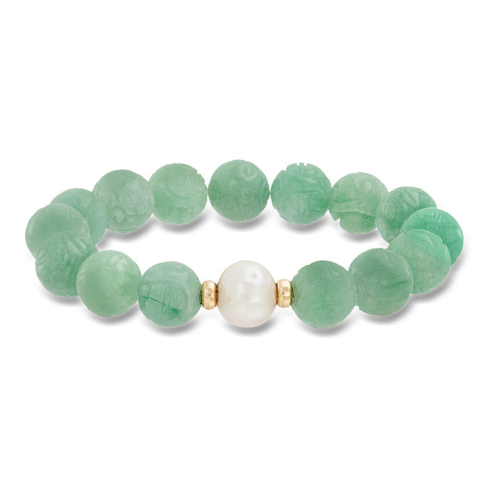 Cultured pearl and jade bead stretch bracelet with white pearl and 14k yellow gold spacers