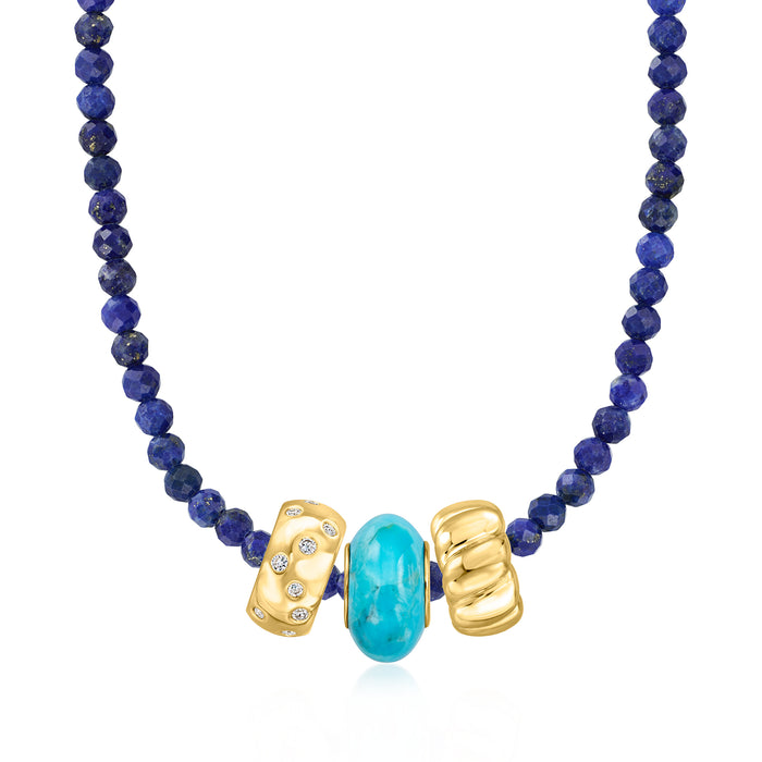 Blue beaded necklace featuring turquoise oval charm between three gold charms