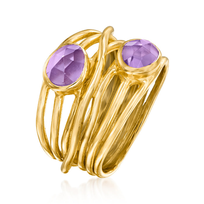 Gold over sterling amethyst ring with two oval purple stones and sculpted wrap band