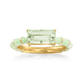 Prasiolite ring with green enamel, emerald-cut pale green stone in gold bezel
