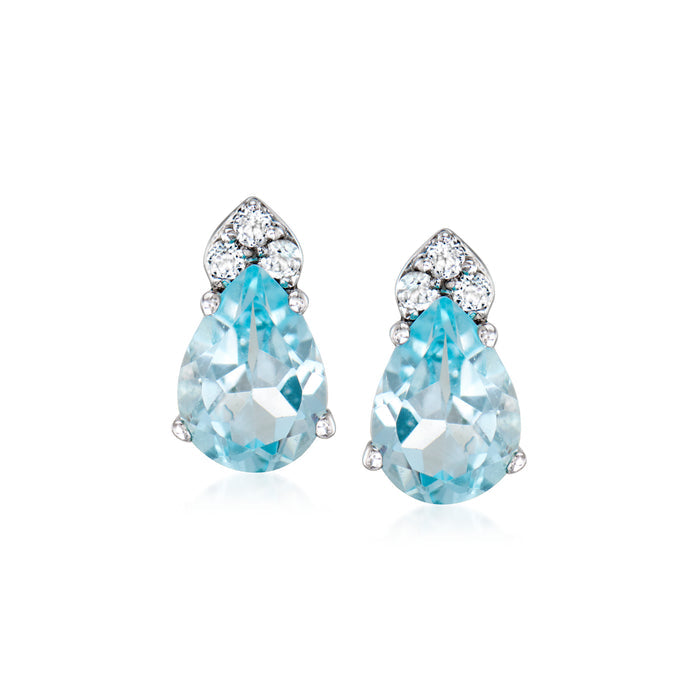 Sterling silver stud earrings with pear sky blue topaz and white accents