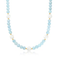 Aquamarine bead and baroque pearl necklace with 14kt yellow gold accents