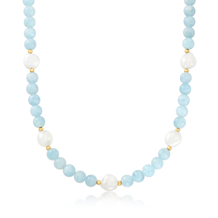 Aquamarine bead and baroque pearl necklace with 14kt yellow gold accents
