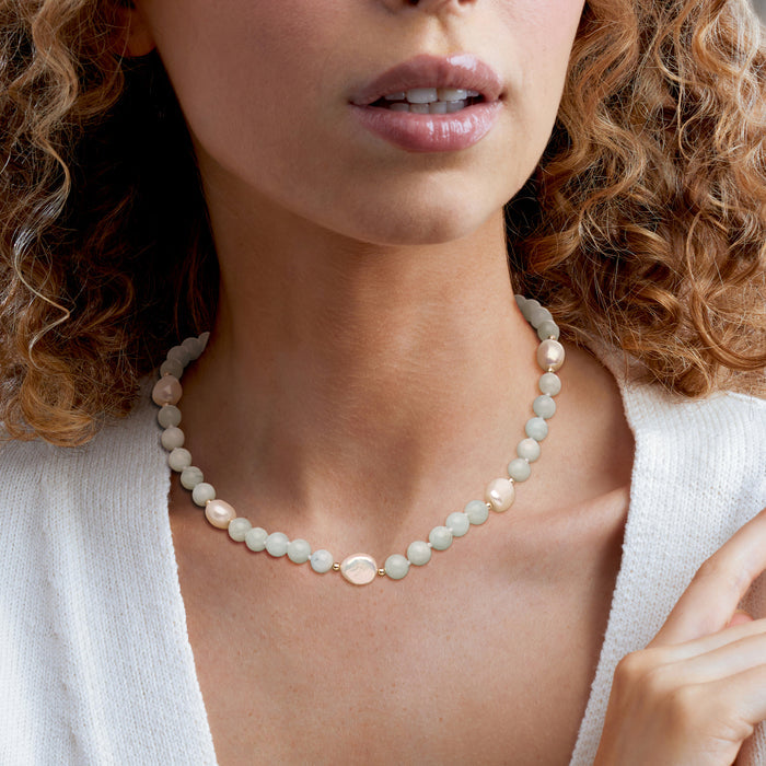 Aquamarine bead and cultured pearl necklace with yellow gold spacer beads