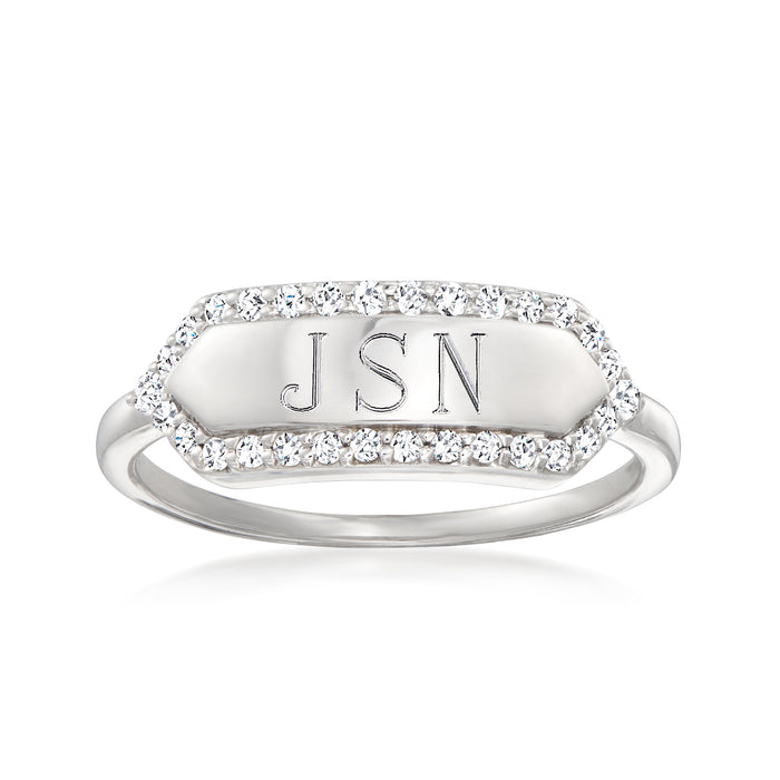 Sterling silver diamond personalized ring with oval top engraved JSN