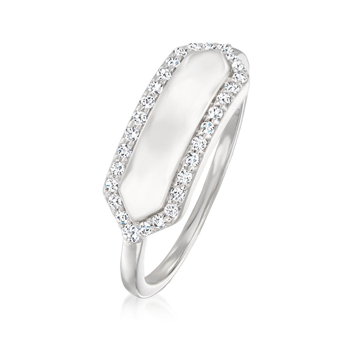 Sterling silver diamond personalized ring, side view with oval engraved panel
