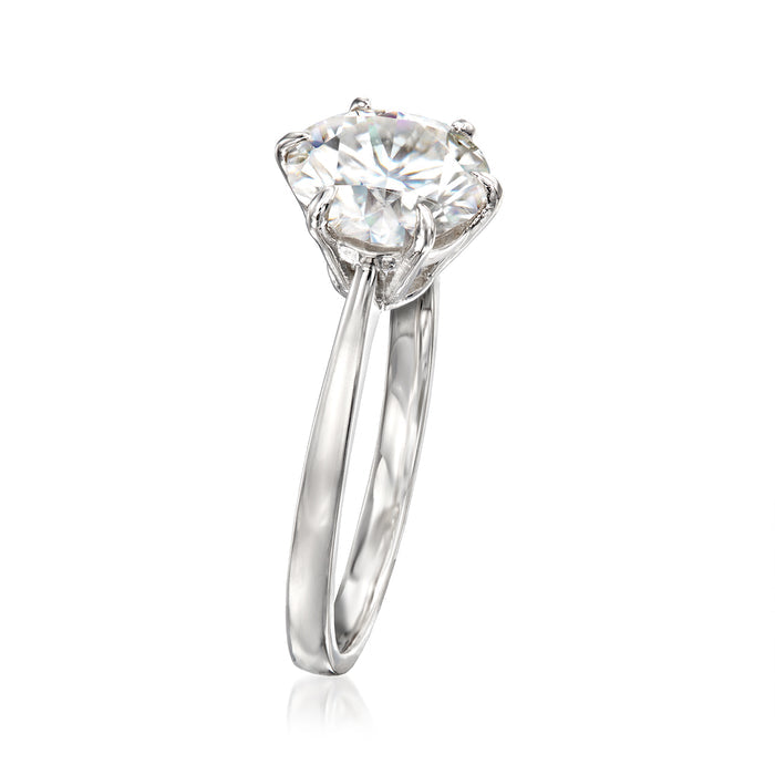 Sterling silver solitaire ring with round moissanite center stone, split band side view