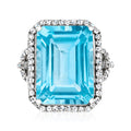 Sterling silver ring with large rectangular Swiss blue topaz center and white topaz halo