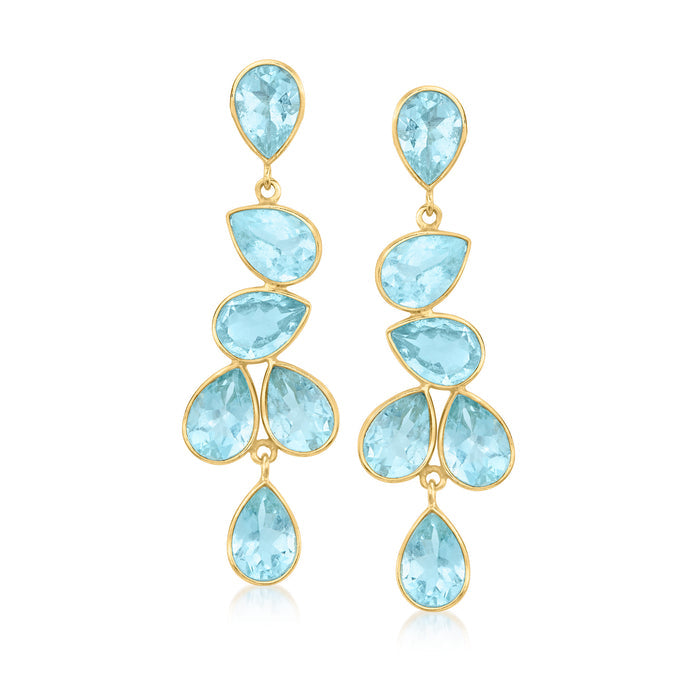 Gold drop earrings with five sky blue teardrop gemstones