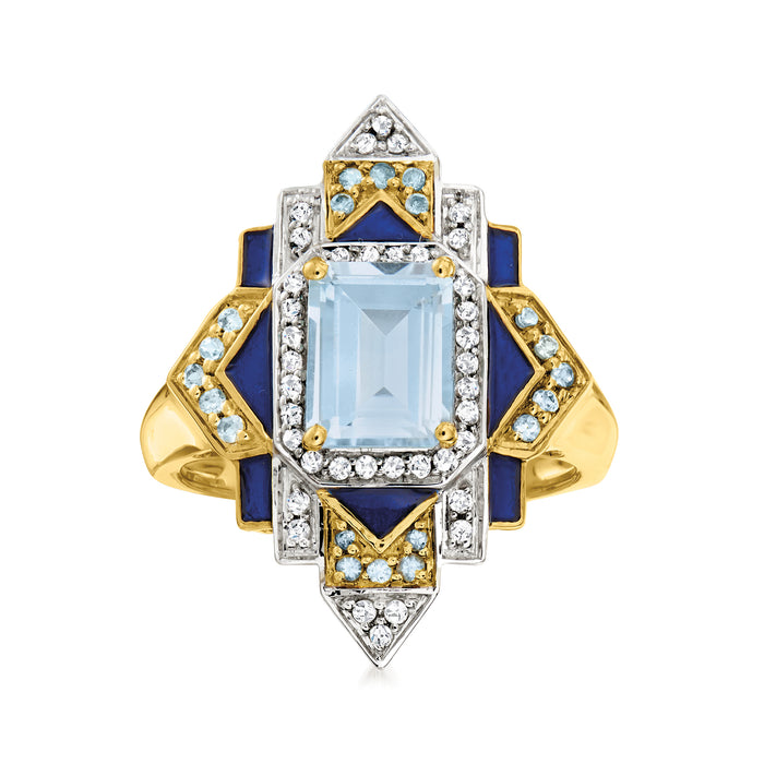 Gold-tone ring with large rectangular light-blue stone, white accents, blue enamel.