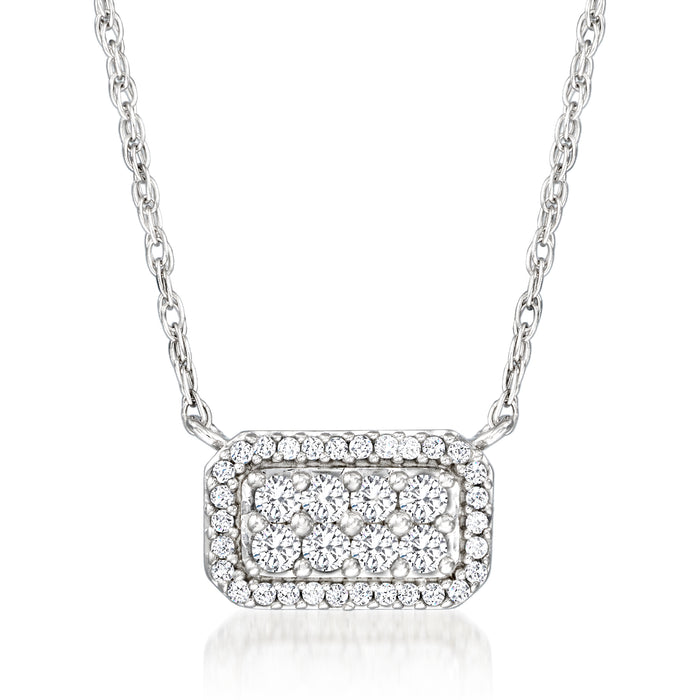 Sterling silver diamond cluster necklace with rectangular halo pendant and chain
