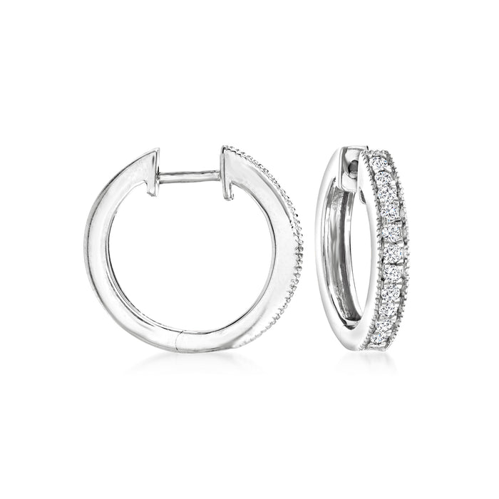 Sterling silver diamond hoop earrings with milgrain edge, small round hoops.