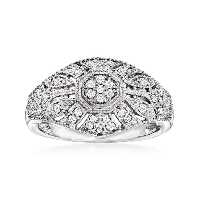 Sterling silver vintage-style diamond ring with milgrain detailing and clustered center stones