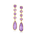 Gold-tone amethyst drop earrings with oval and teardrop purple gemstones, four stones + drop