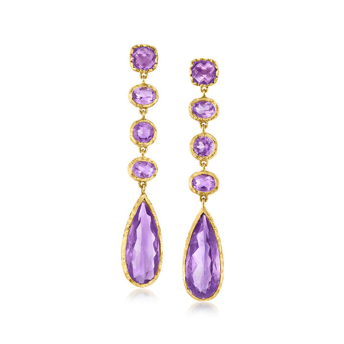 Gold-tone amethyst drop earrings with oval and teardrop purple gemstones, four stones + drop