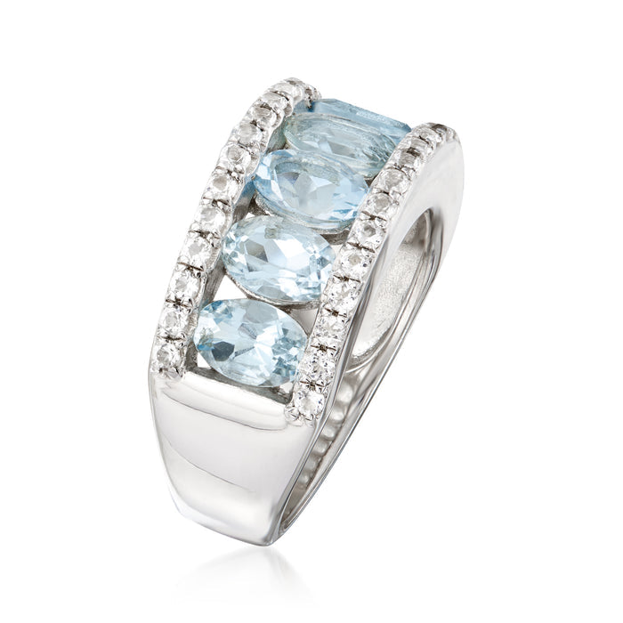 Sterling silver ring with three oval aquamarine stones and white topaz accents