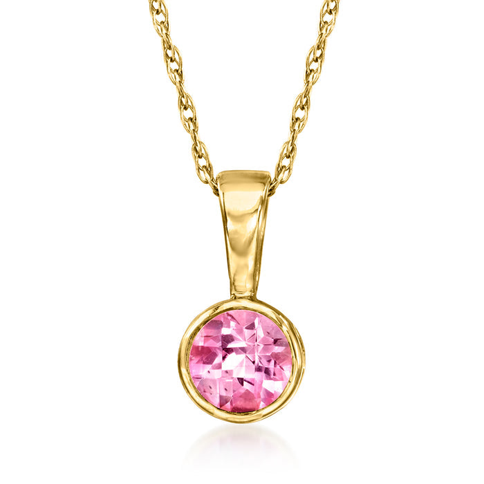 14kt yellow gold chain pendant with round pink topaz gemstone in bezel setting