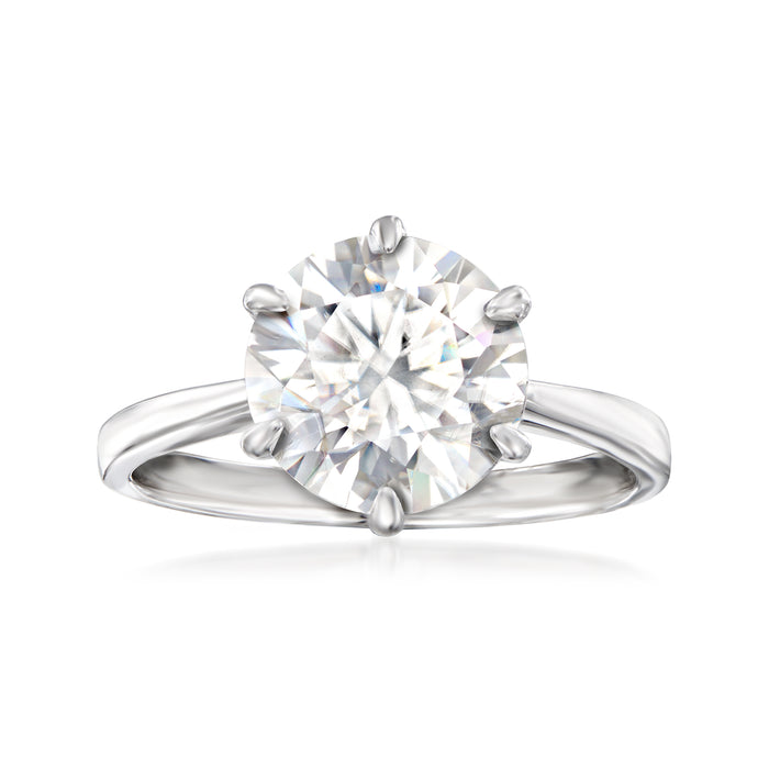 Sterling silver solitaire ring with round white moissanite center and prong setting