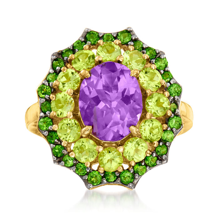 18k gold ring with oval amethyst center, green peridot halo, dark chrome diopsides