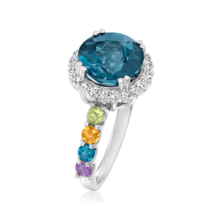 Sterling silver ring with oval London blue topaz, diamond halo, multicolor gemstones on band