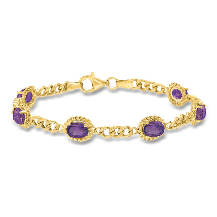 Amethyst link bracelet in gold over sterling silver with oval purple gemstone links