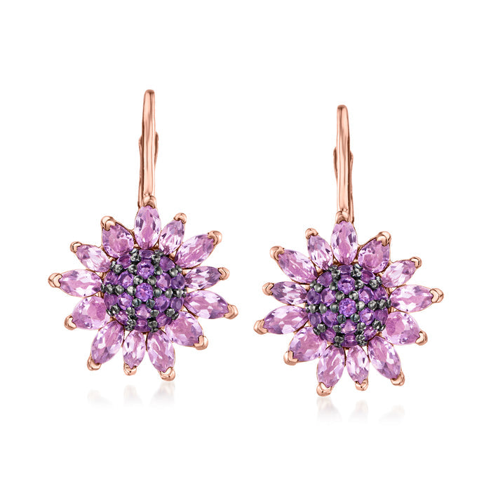 Amethyst flower drop earrings in rose gold with purple gemstone petals, leverback style