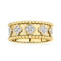 Gold clover diamond ring with three round-stone clusters, beaded edge