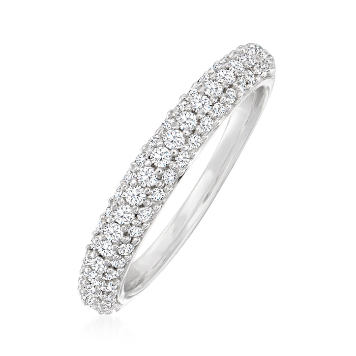 Sterling silver pave diamond ring, angled view; slim band with round stones.