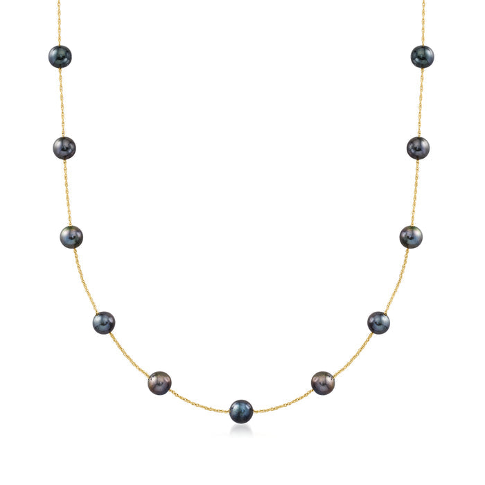 Black cultured pearl station necklace, round dark pearls on 14kt yellow gold chain