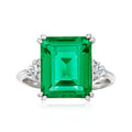 Sterling silver ring with large green emerald-cut center and four prongs, CZ halo