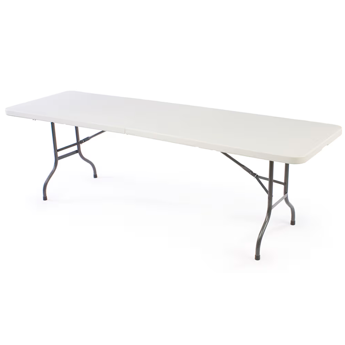 The Frame Plus white folding table, featuring a graphic tablecloth with silicone edges, is suitable for trade shows, events, and more. Available in 6ft and 8ft sizes.