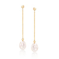14kt yellow gold drop earrings with bead chain and oval cultured pearl dangles