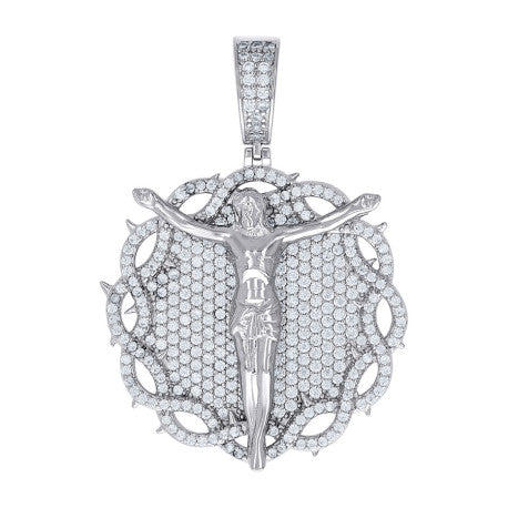 925 Sterling Silver Mans Round Moissanite Crucifix Pendant