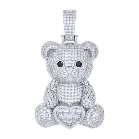 925 Sterling Silver Round Baguette Black White Moissanite Teddy Bear Pendant