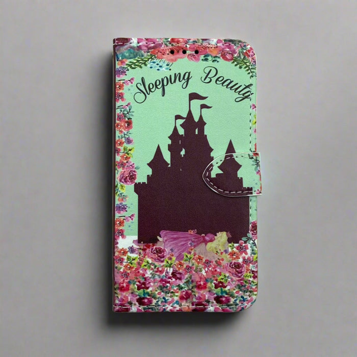 The front cover of a book-shaped phone case inspired by Sleeping Beauty.