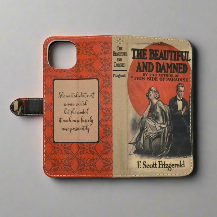 The front and back cover of a phone case featuring The Beautiful and Damned by F. Scott Fitzgerald.