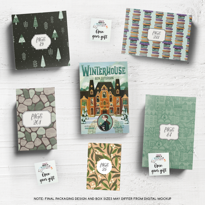 January Tween mockup featuring Winterhouse book with themed page-numbered packaging for gifts.