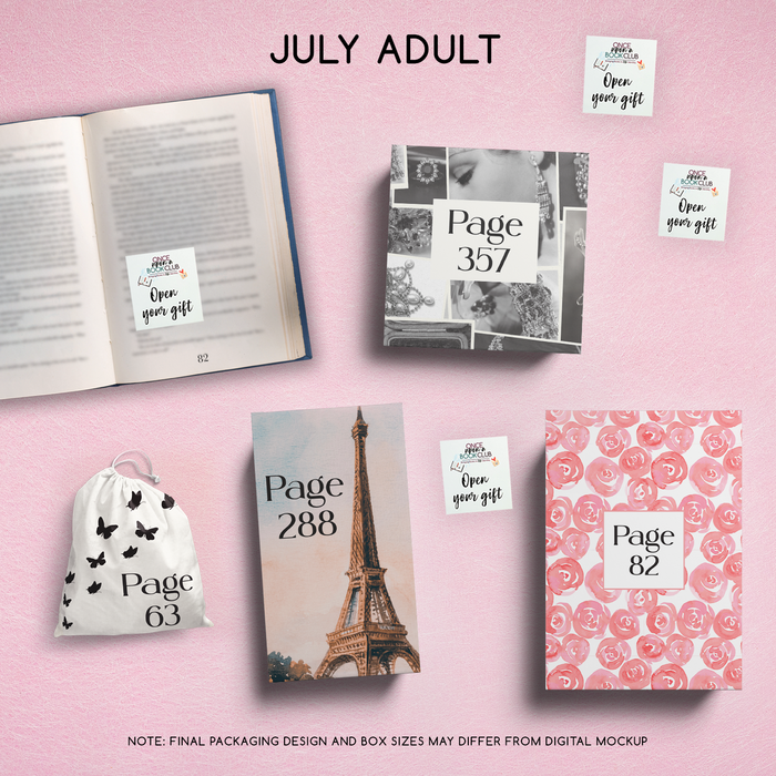 July Adult Once Upon a Book Club gifts are designed in aesthetic packaging colors and patterns to match the book cover/theme of the novel. Each gift is labeled with a page number, signifying when the gift is described within the story.
