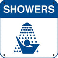 Blue and white shower sign with showerhead icon, ideal for car wash facilities and gas stations.