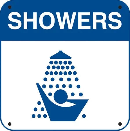 Blue and white shower sign with showerhead icon, ideal for car wash facilities and gas stations.