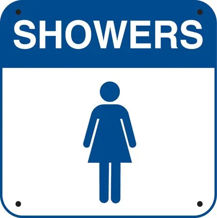 Blue and white female showers sign with woman icon, ideal for car wash or gas station facilities