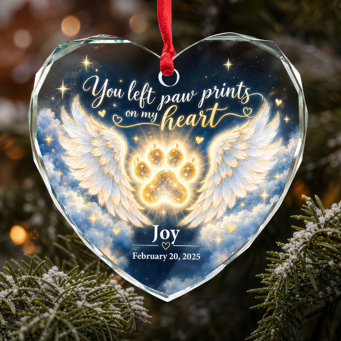 Angel Wings and Paw Print Pet Memorial Heart- Personalized Glass Ornament, Pet Loss Sympathy Gift