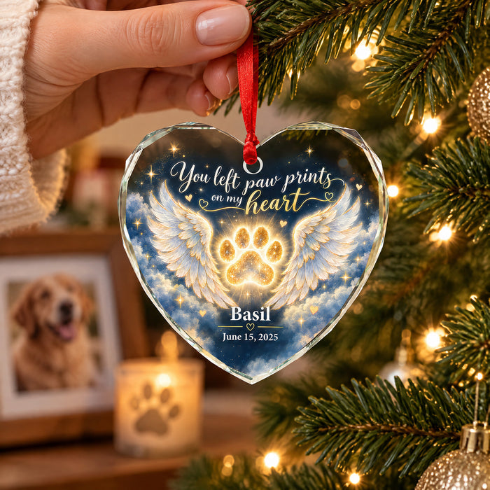 Angel Wings and Paw Print Pet Memorial Heart- Personalized Glass Ornament, Pet Loss Sympathy Gift