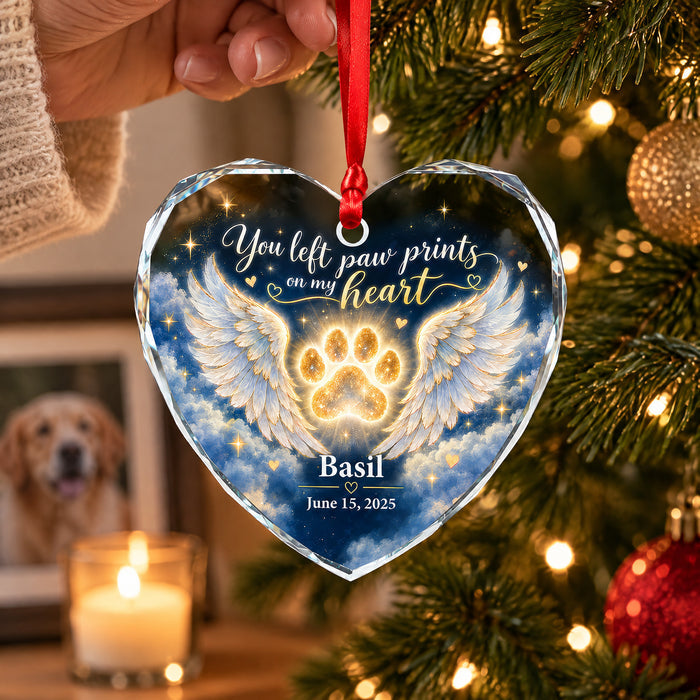 Angel Wings and Paw Print Pet Memorial Heart- Personalized Glass Ornament, Pet Loss Sympathy Gift