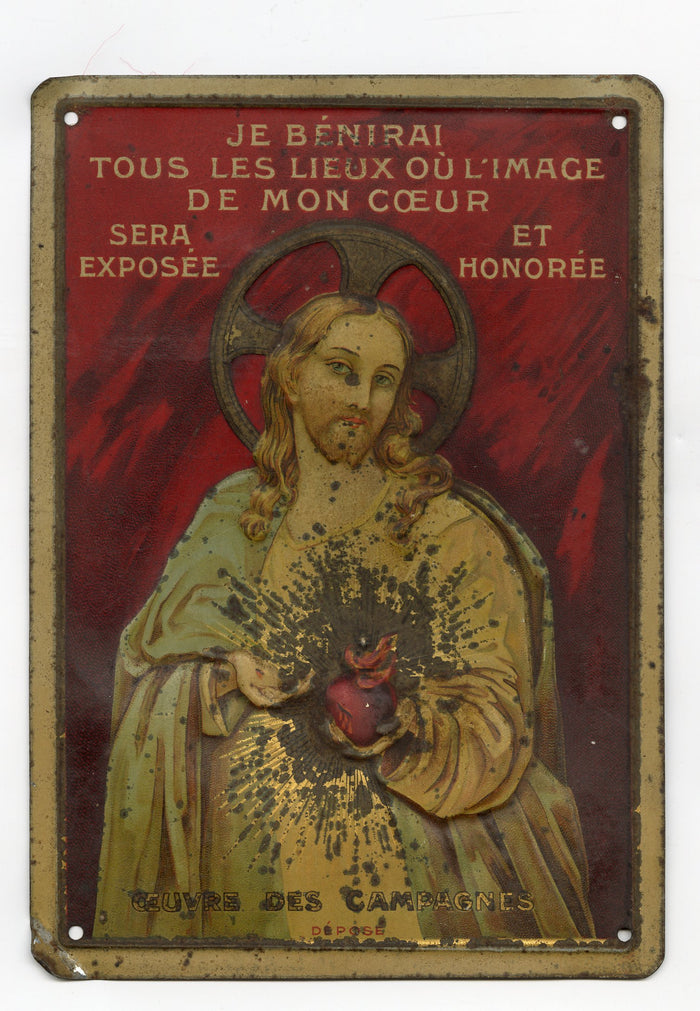 Antique French Jesus Tin Sign, Religious Altar Sign, Religious Iconography, Christianity - TheBoxSF
