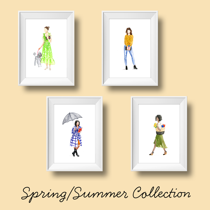 A set of 4 art prints each featuring women of various races wearing different kinds of Spring/Summer outfits, doing different tasks, while holding and/or reading books.